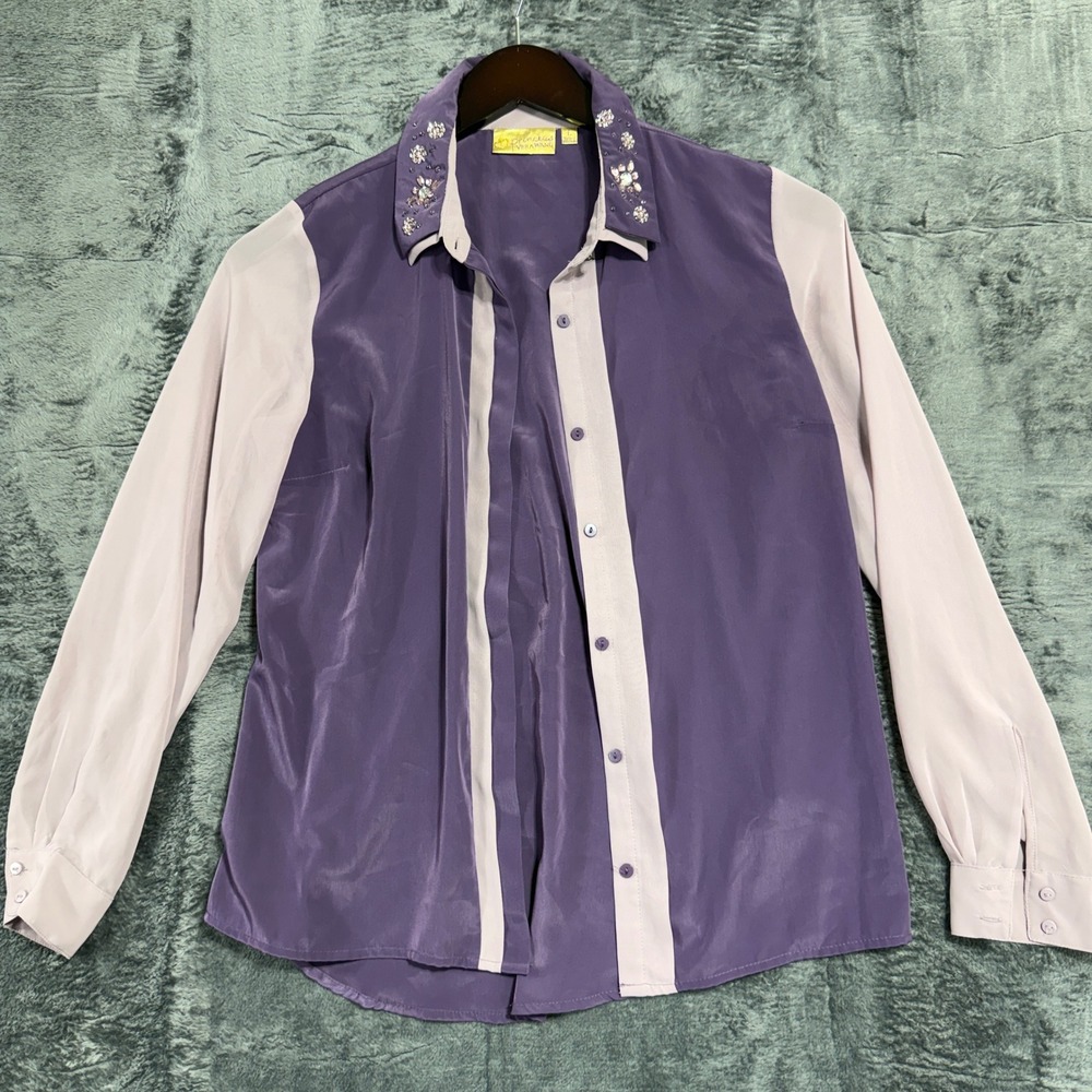 Princess Vera Wang Button Down Shirt Womens Large Purple Embellished Collar